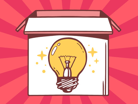 Vector illustration of open box with icon of  bulb light on red pattern background. Line art design for web, site, advertising, banner, poster, board and print.のイラスト素材