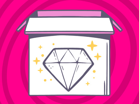 Vector illustration of open box with icon of  diamond on pink pattern background. Line art design for web, site, advertising, banner, poster, board and print.のイラスト素材