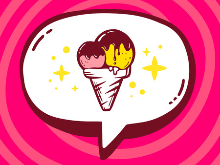 Vector illustration of speech bubble with icon of ice cream on pink pattern background. Line art design for web, site, advertising, banner, poster, board and print.のイラスト素材