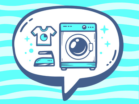 Vector illustration of speech bubble with icon of washing machine on blue pattern background. Line art design for web, site, advertising, banner, poster, board and print.のイラスト素材