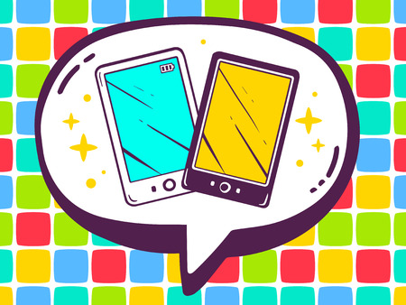 Vector illustration of speech bubble with icon of phones on color pattern background. Line art design for web, site, advertising, banner, poster, board and print.のイラスト素材