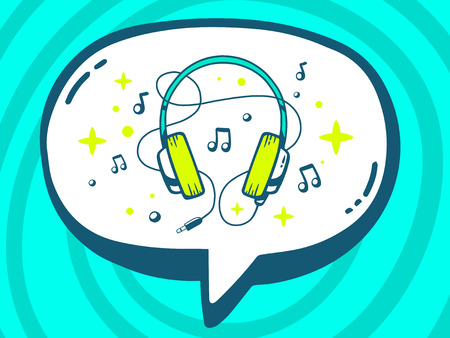 Vector illustration of speech bubble with icon of headphones on blue pattern background. Line art design for web, site, advertising, banner, poster, board and print.のイラスト素材