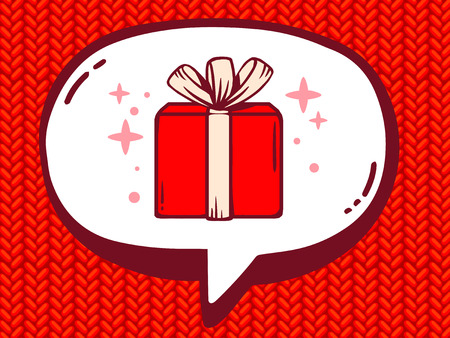 Vector illustration of speech bubble with icon of gift box on red jersey pattern background. Line art design for web, site, advertising, banner, poster, board and print.のイラスト素材
