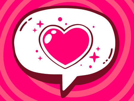 Vector illustration of speech bubble with icon of heart on pink pattern background. Line art design for web, site, advertising, banner, poster, board and print.のイラスト素材