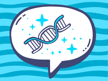 Vector illustration of speech bubble with icon of dna molecule chain on blue pattern background. Line art design for web, site, advertising, banner, poster, board and print.のイラスト素材