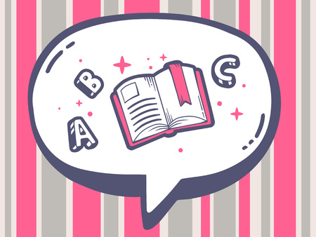 Vector illustration of speech bubble with icon of open book on pink pattern background. Line art design for web, site, advertising, banner, poster, board and print.のイラスト素材