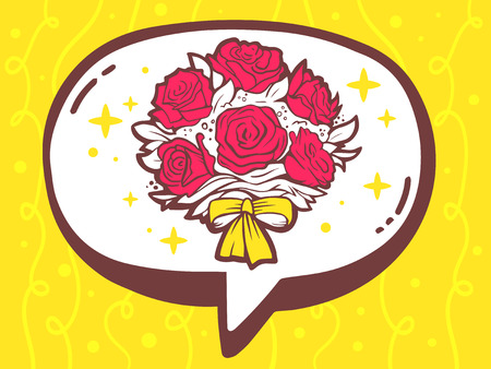 Vector illustration of speech bubble with icon of bouquet of flowers on yellow pattern background. Line art design for web, site, advertising, banner, poster, board and print.のイラスト素材
