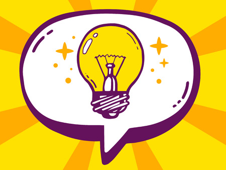 Vector illustration of speech bubble with icon of bulb light on yellow pattern background. Line art design for web, site, advertising, banner, poster, board and print.のイラスト素材