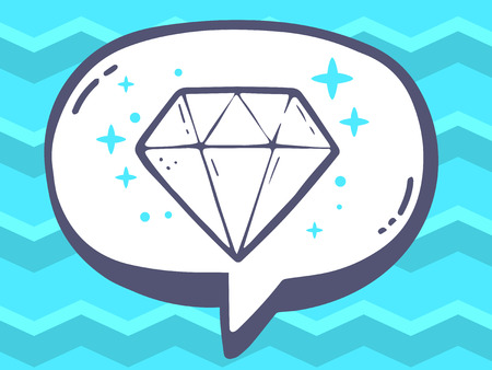 Vector illustration of speech bubble with icon of diamond on blue pattern background. Line art design for web, site, advertising, banner, poster, board and print.のイラスト素材