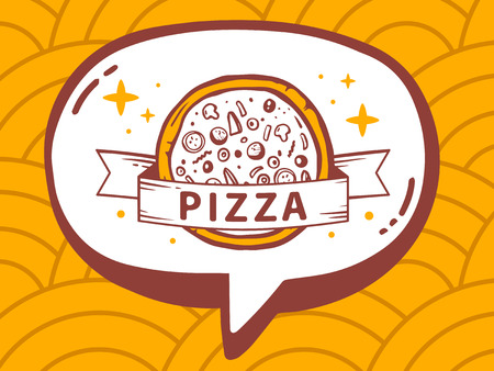 Vector illustration of speech bubble with icon of pizza on yellow pattern background. Line art design for web, site, advertising, banner, poster, board and print.のイラスト素材