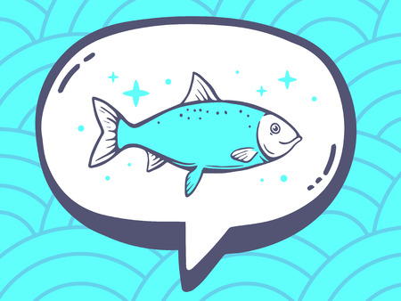 Vector illustration of speech bubble with icon of fish on blue pattern background. Line art design for web, site, advertising, banner, poster, board and print.のイラスト素材