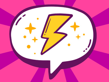 Vector illustration of speech bubble with icon of lightning on pink pattern background. Line art design for web, site, advertising, banner, poster, board and print.のイラスト素材
