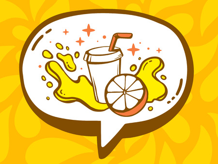 Vector illustration of speech bubble with icon of fresh fruit juice on yellow pattern background. Line art design for web, site, advertising, banner, poster, board and print.のイラスト素材
