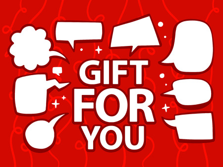 Vector illustration of gift for you with speech comics bubbles on red pattern background. Line art design for web, site, advertising, banner, poster, board and print.のイラスト素材