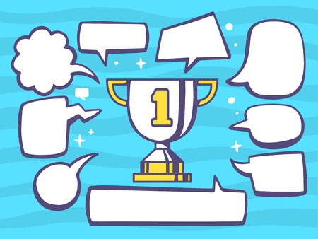 Vector illustration of sport goblet with speech comics bubbles on blue background. Line art design for web, site, advertising, banner, poster, board and print.のイラスト素材