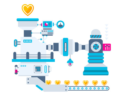 Vector industrial illustration background of the factory for producing hearts. Color bright flat design for banner, web, site, advertising, print, poster.のイラスト素材