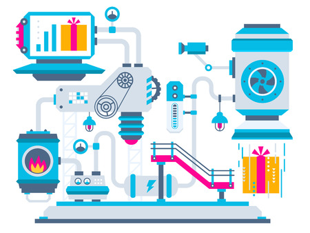 Vector industrial illustration background of the factory for processing gift boxes with bow. Color bright flat design for banner, web, site, advertising, print, poster.のイラスト素材