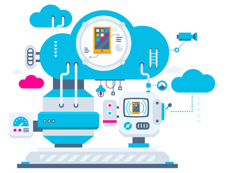 Vector industrial illustration background of the cloud technology for phones. Color bright flat design for banner, web, site, advertising, print, poster.のイラスト素材