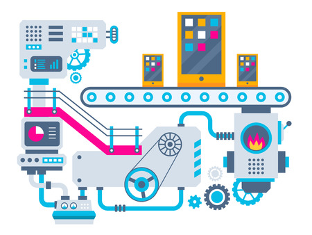 Vector industrial illustration background of the factory for manufacture phones. Color bright flat design for banner, web, site, advertising, print, poster.のイラスト素材