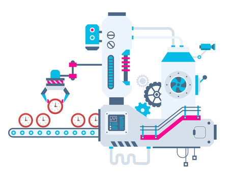Vector industrial illustration background of the factory for sorting clocks. Color bright flat design for banner, web, site, advertising, print, poster.のイラスト素材