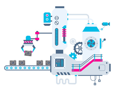 Vector industrial illustration background of the factory for sorting cameras. Color bright flat design for banner, web, site, advertising, print, poster.のイラスト素材