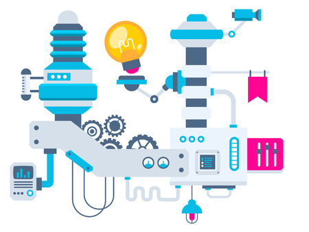 Vector industrial illustration background of the factory for measurement of the parameters bulb. Color bright flat design for banner, web, site, advertising, print, poster.のイラスト素材