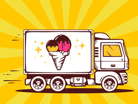 Vector illustration of truck free and fast delivering ice cream to customer on color background. Line art design for web, site, advertising, banner, poster, board and print.のイラスト素材