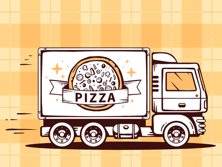 Vector illustration of truck free and fast delivering pizza to customer on pattern background. Line art design for web, site, advertising, banner, poster, board and print.のイラスト素材