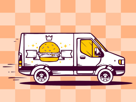 Vector illustration of van free and fast delivering burger with crown to customer on pattern background. Line art design for web, site, advertising, banner, poster, board and print.のイラスト素材