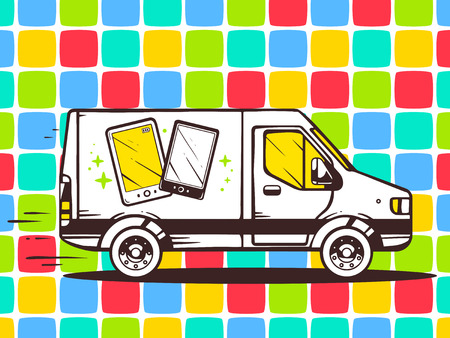 Vector illustration of van free and fast delivering phone to customer on color pattern background. Line art design for web, site, advertising, banner, poster, board and print.のイラスト素材