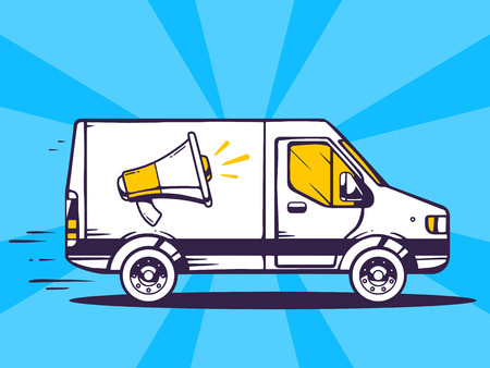 Vector illustration of van free and fast delivering megaphone to customer on blue background. Line art design for web, site, advertising, banner, poster, board and print.のイラスト素材