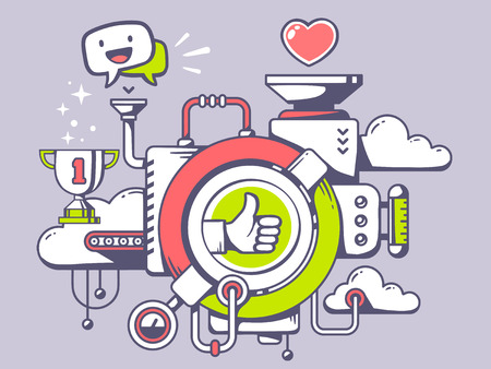 Vector illustration of mechanism with label thumb up and relevant icons on light background. Line art design for web, site, advertising, banner, poster, board and print.のイラスト素材