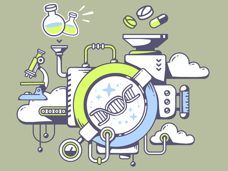 Vector illustration of mechanism to study  dna molecule chain and relevant icons on green background. Line art design for web, site, advertising, banner, poster, board and print.のイラスト素材