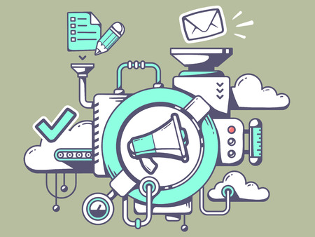 Vector illustration of mechanism with megaphone and office icons on green background. Line art design for web, site, advertising, banner, poster, board and print.のイラスト素材