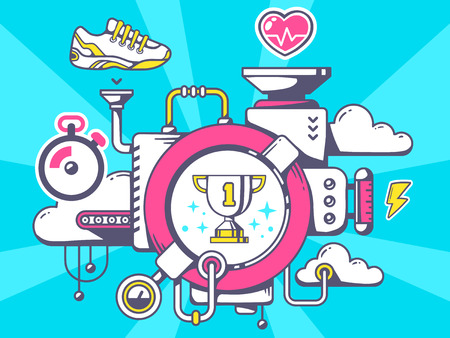 Vector illustration of mechanism to win sport goblet and relevant icons on blue background. Line art design for web, site, advertising, banner, poster, board and print.のイラスト素材