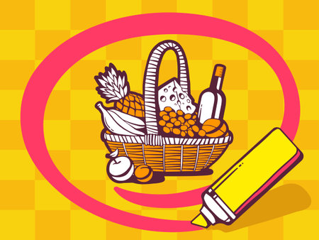 Vector illustration of marker drawing circle around basket with food on yellow pattern background. Line art design for web, site, advertising, banner, poster, board and print.のイラスト素材