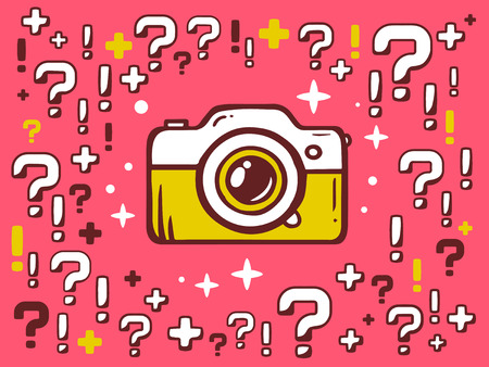 Vector illustration of many questions and exclamation marks around photo camera on red pattern background. Line art design for web, site, advertising, banner, poster, board and print.のイラスト素材
