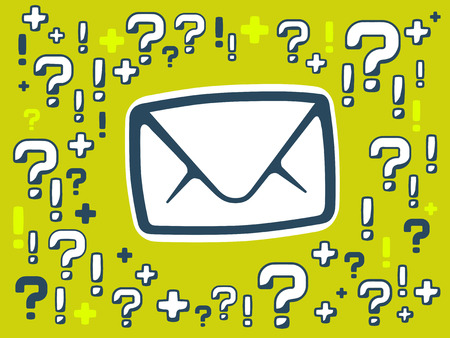 Vector illustration of many questions and exclamation marks around envelope on green pattern background. Line art design for web, site, advertising, banner, poster, board and print.のイラスト素材