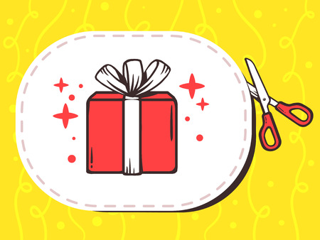 Vector illustration of scissors cutting sticker with icon of gift box on pattern background. Line art design for web, site, advertising, banner, poster, board and print.のイラスト素材