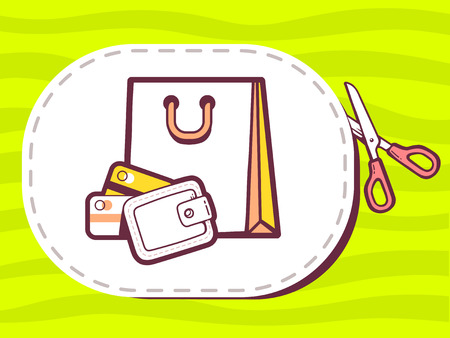 Vector illustration of scissors cutting sticker with icon of bag and money purse on green background. Line art design for web, site, advertising, banner, poster, board and print.のイラスト素材