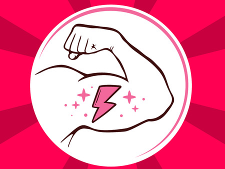 Vector illustration of strong man hand with  icon of lightning on red pattern background. Manly line art design for web, site, advertising, banner, poster, board and print.のイラスト素材