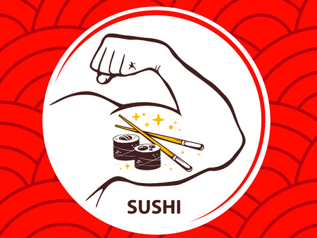 Vector illustration of strong man hand with  icon of sushi on red pattern background. Manly line art design for web, site, advertising, banner, poster, board and print.のイラスト素材