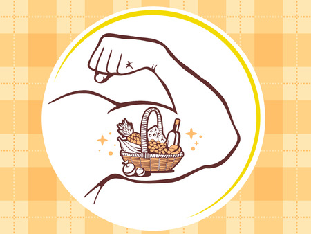 Vector illustration of strong man hand with  icon of basket with food on yellow pattern background. Manly line art design for web, site, advertising, banner, poster, board and print.のイラスト素材