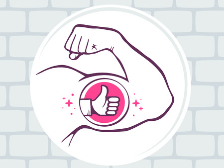 Vector illustration of strong man hand with  icon of thumb up on gray brick pattern background. Manly line art design for web, site, advertising, banner, poster, board and print.のイラスト素材