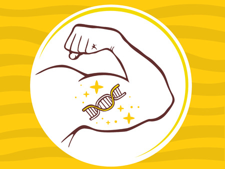 Vector illustration of strong man hand with  icon of dna molecule chain on yellow pattern background. Manly line art design for web, site, advertising, banner, poster, board and print.のイラスト素材
