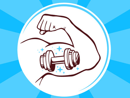 Vector illustration of strong man hand with  icon of dumbbell on blue pattern background. Manly line art design for web, site, advertising, banner, poster, board and print.のイラスト素材