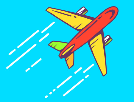 Vector illustration of colorful airplane flying right up leaving a trail on blue background. Bright color line art design for web, site, advertising, banner, poster, board and print.のイラスト素材