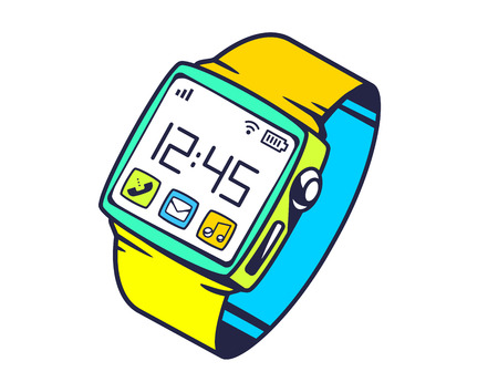 Vector illustration of smart watch with button on white background. Bright color hand draw line art design for web, site, advertising, banner, poster, board and print.のイラスト素材