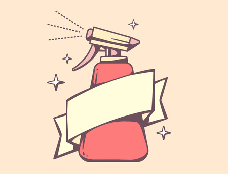 Vector illustration of red spray pistol with ribbon on pink background. Retro color line art design for web, site, advertising, banner, poster, board, poster and print.のイラスト素材