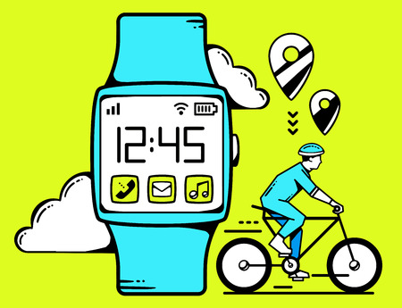 Vector linear illustration of blue smart watch with cyclist and cloud on green background. Color hand draw line art design for web, site, advertising, banner, poster, board and print.のイラスト素材